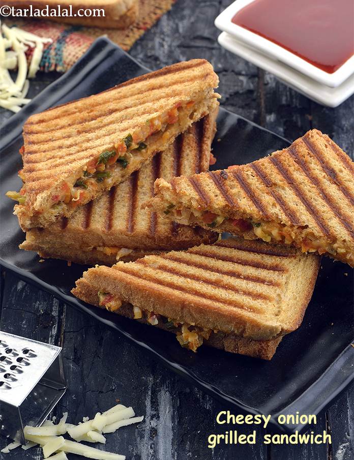 Cheese onion grilled sandwich recipe | onion cheese grilled Indian sandwich | grilled cheese and onion sandwich | toasted onion cheese sandwich |  | Tarla Dalal