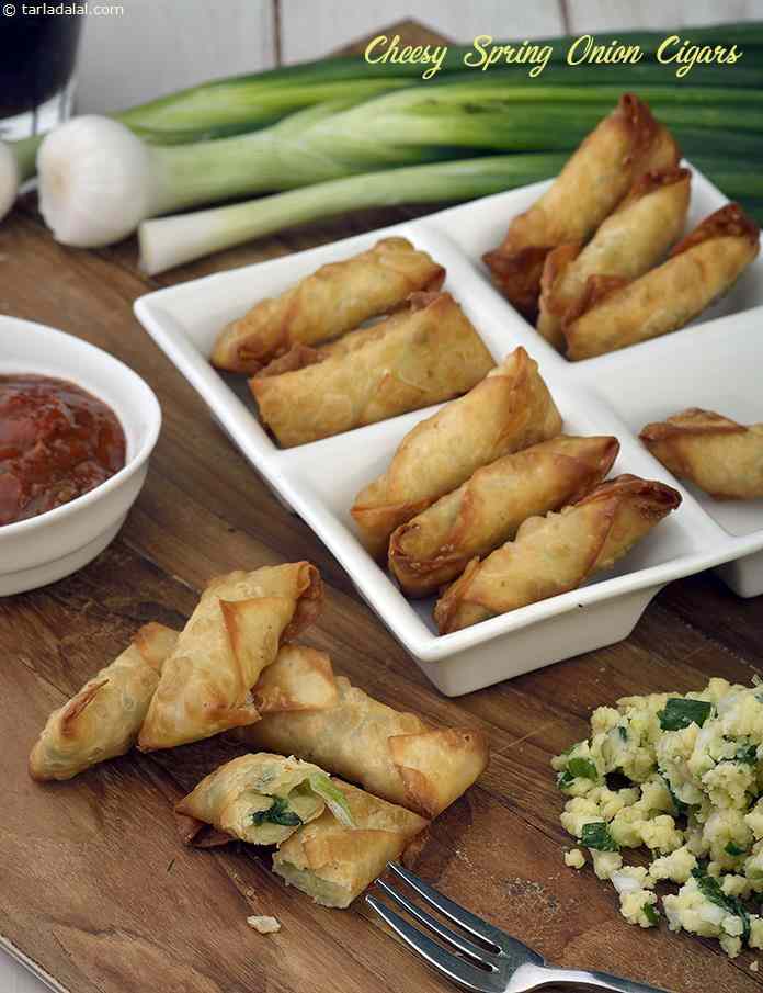 Cheesy Spring Onion Cigars | Tarla Dalal