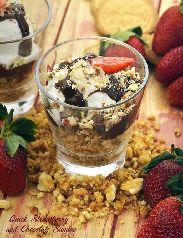 Quick Strawberry and Chocolate Sundae | Tarla Dalal
