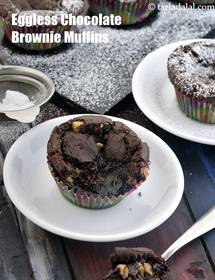 Eggless chocolate brownie muffins recipe | fudgy chocolate brownie muffins | Indian eggless brownie muffins | brownie muffins no egg | | Tarla Dalal