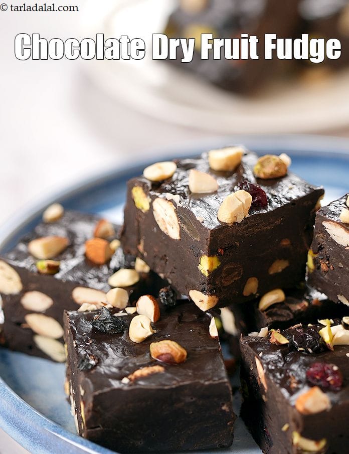 Chocolate dry fruit fudge recipe | fruit and nut chocolate fudge | nutty chocolate fudge bars | Tarla Dalal