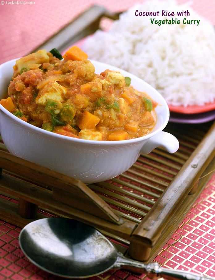 Coconut Rice with Vegetable Curry | Tarla Dalal
