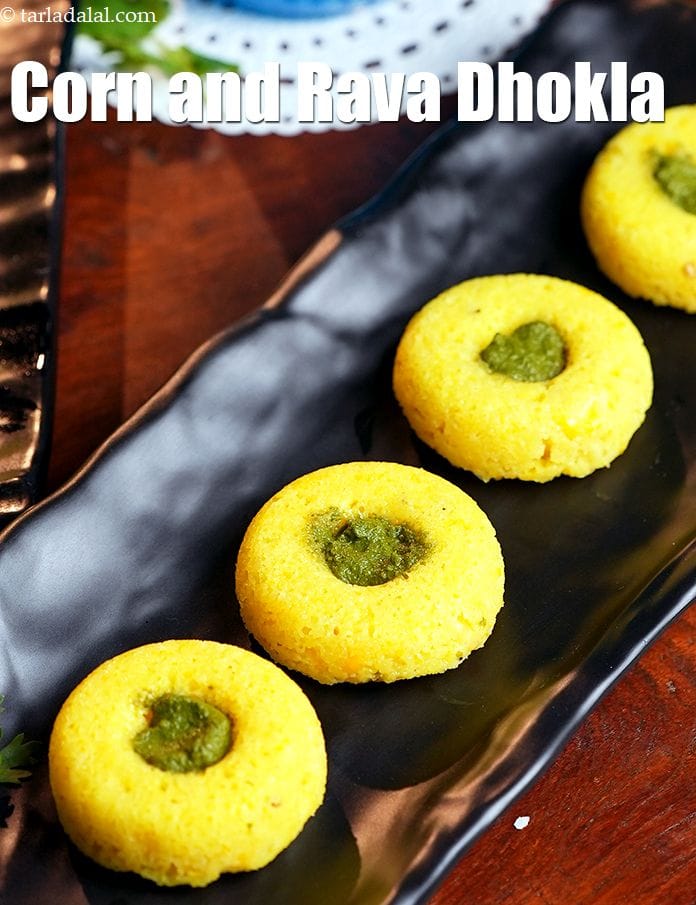 Corn and Rava Dhokla Stuffed with Green Chutney | Tarla Dalal