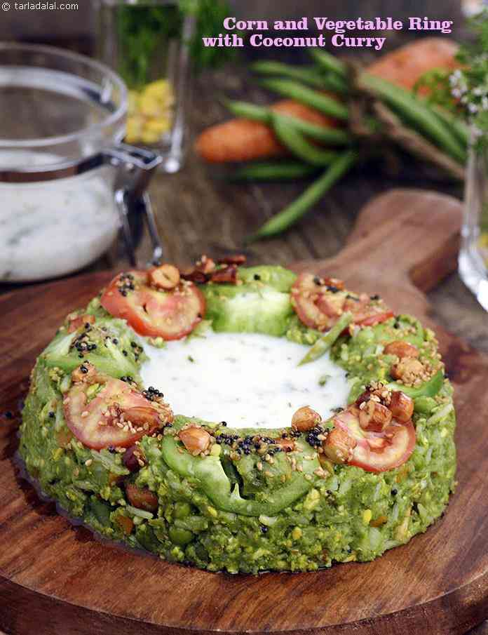 Corn and Vegetable Ring with Coconut Curry recipe | Tarla Dalal