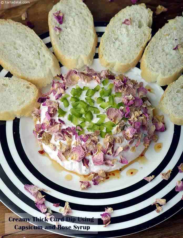 Creamy Thick Curd Dip Using Capsicum And Rose Syrup Recipe | Tarla Dalal