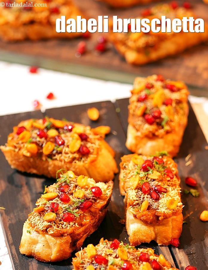 Dabeli Bruschetta Recipe (Indian Party Starter Dabeli) | Tarla Dalal