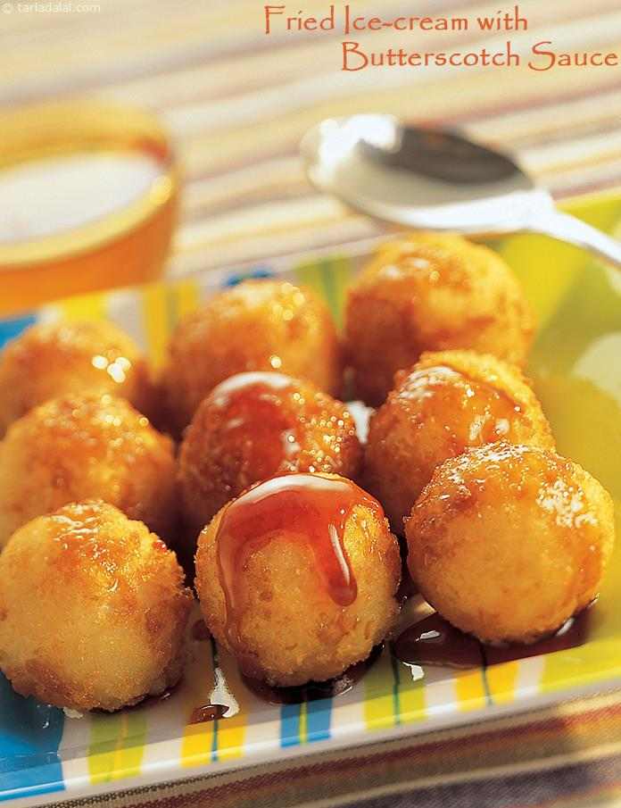 Fried Ice-Cream With Butterscotch Sauce Recipe | Tarla Dalal