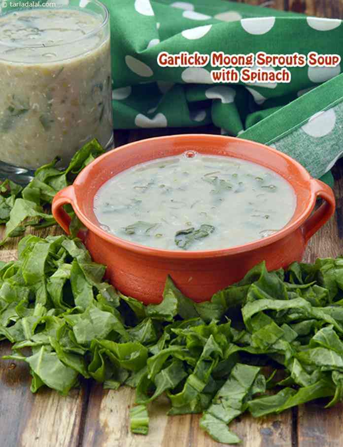 Garlicky Moong Sprouts Soup with Spinach | Tarla Dalal