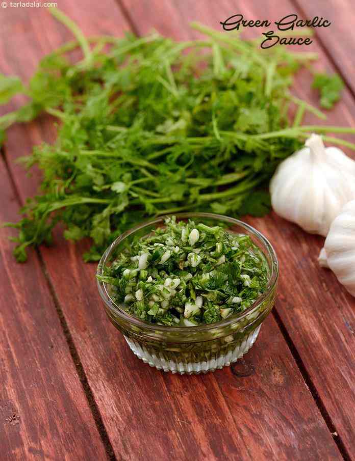 Green garlic sauce for Chinese food | green garlic sauce for Indian snacks | sweet and spicy green garlic sauce | Chinese green garlic sauce | | Tarla Dalal