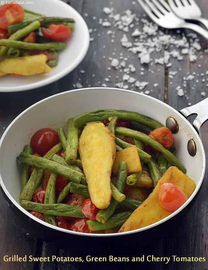 Grilled Sweet Potatoes, Green Beans and Cherry Tomatoes | Tarla Dalal