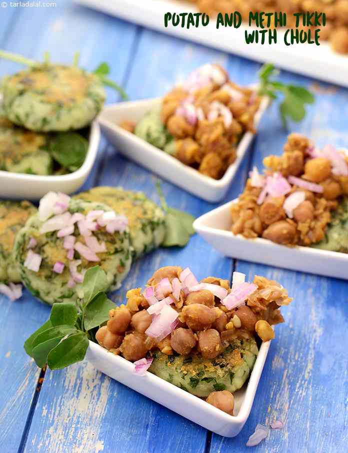 Potato and Methi Tikki with Chole | Tarla Dalal