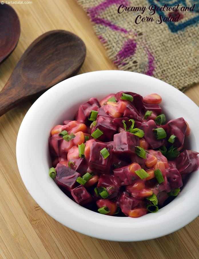 Creamy Beetroot and Corn Salad recipe | Tarla Dalal