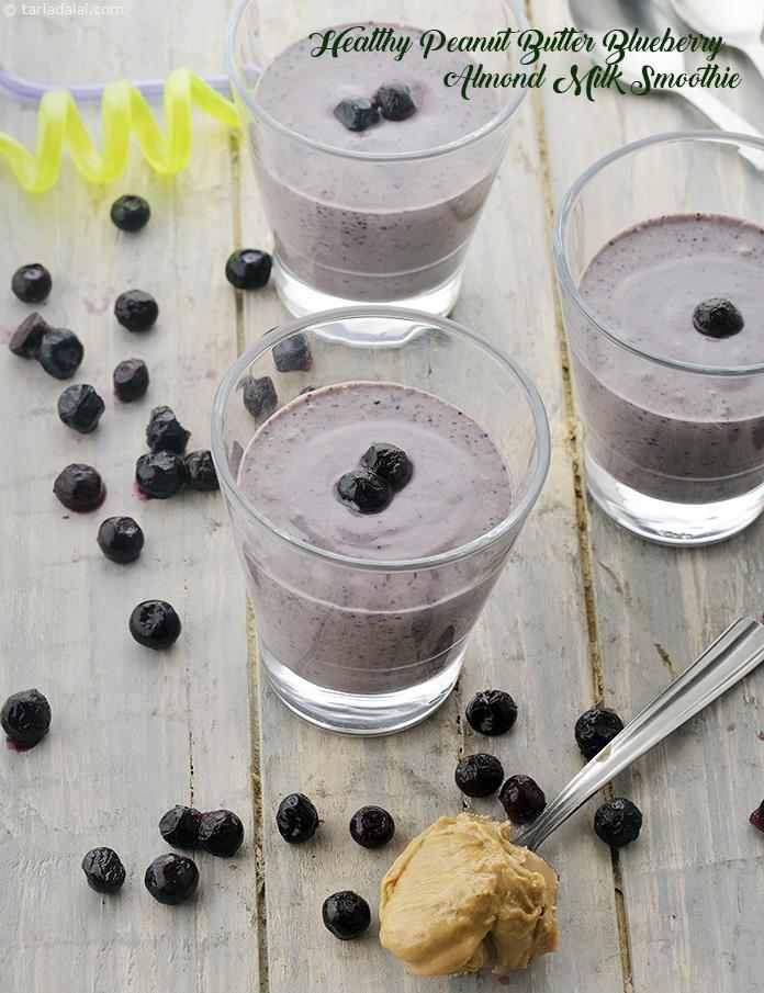 Peanut butter blueberry almond milk smoothie recipe |  blueberry peanut butter Indian smoothie with banana | blueberry peanut butter smoothie with almond milk | | Tarla Dalal