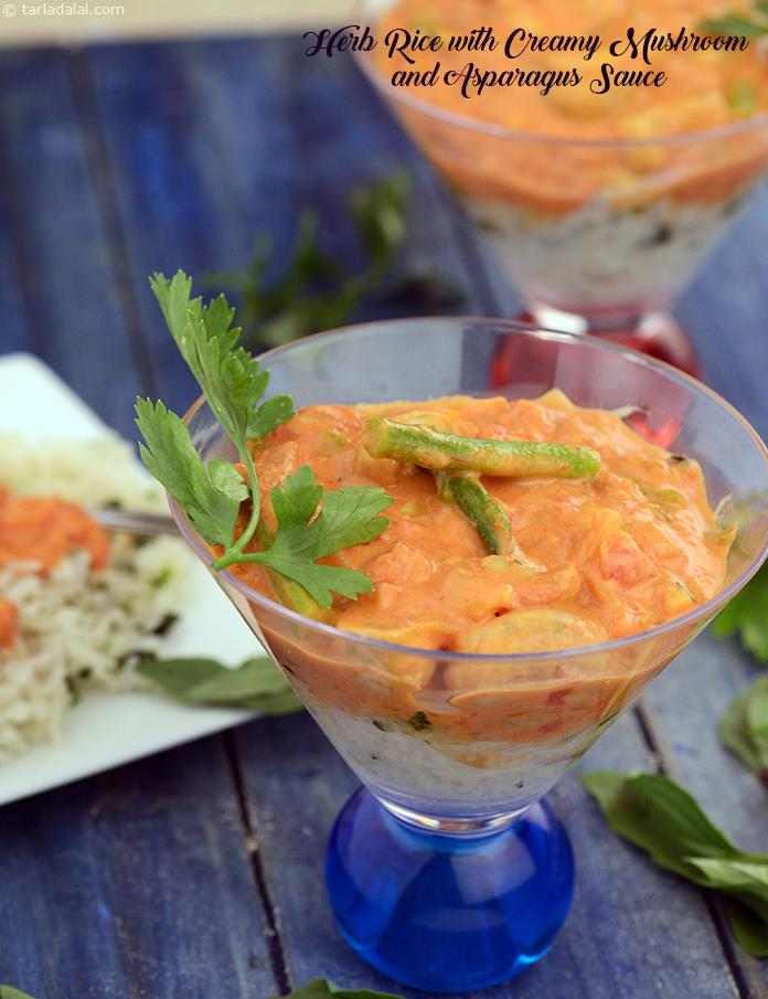 Herb Rice with Creamy Mushroom and Asparagus Sauce | Tarla Dalal