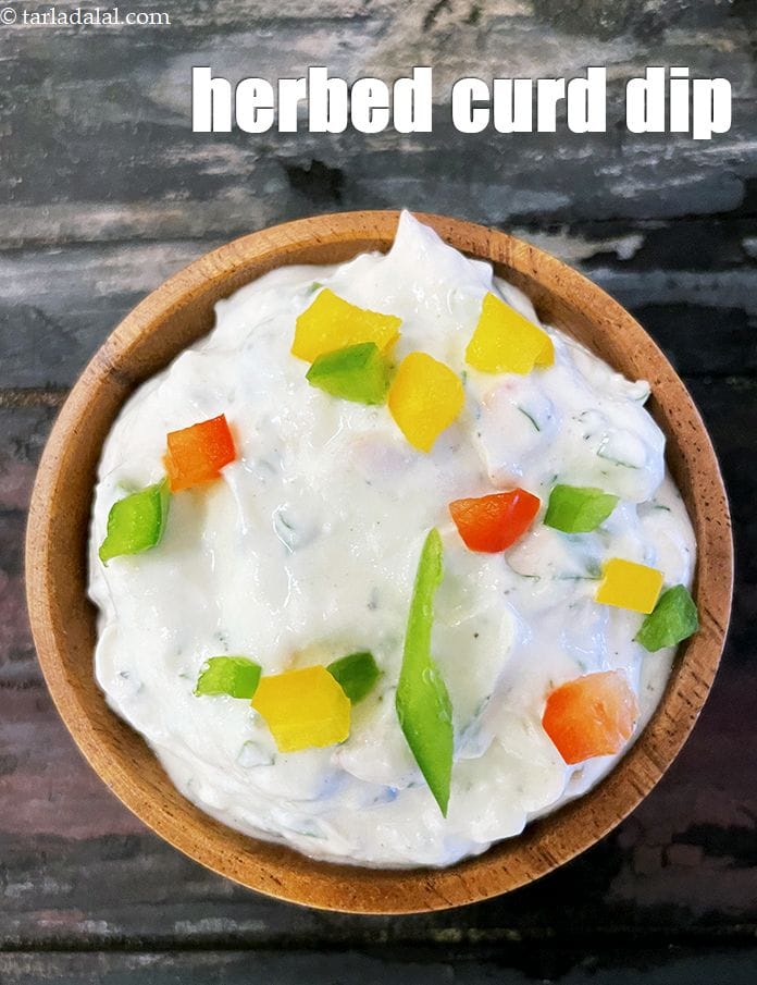 Herbed curd dip recipe | garlic capsicum and parsley dip | yoghurt capsicum dip |  | Tarla Dalal