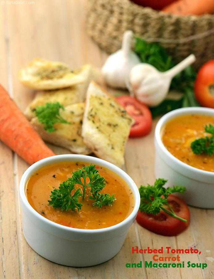 Herbed Tomato Recipe (Carrot And Macaroni Soup) | Tarla Dalal