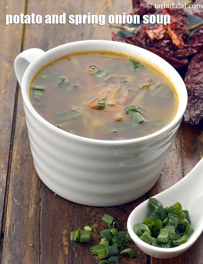 Potato and spring onion soup recipe | Indian spring onion potato soup | Thai style spring onion soup with potatoes | | Tarla Dalal