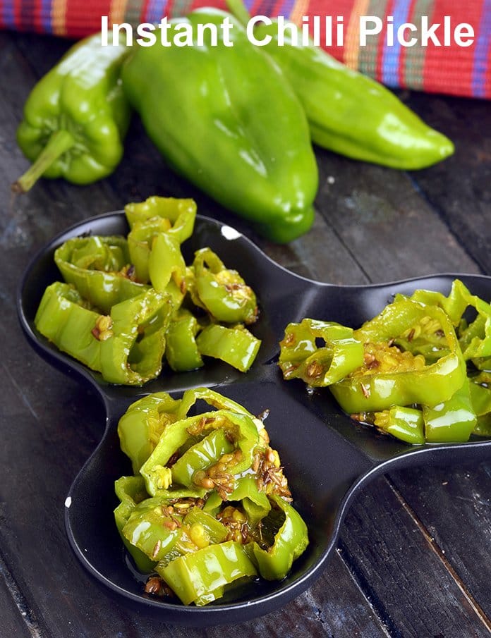 Instant chilli pickle recipe | quick bhavnagri chilli pickle | sweet spicy Indian achar | Gujarati green chilli pickle | with 11 amazing images.  | Tarla Dalal