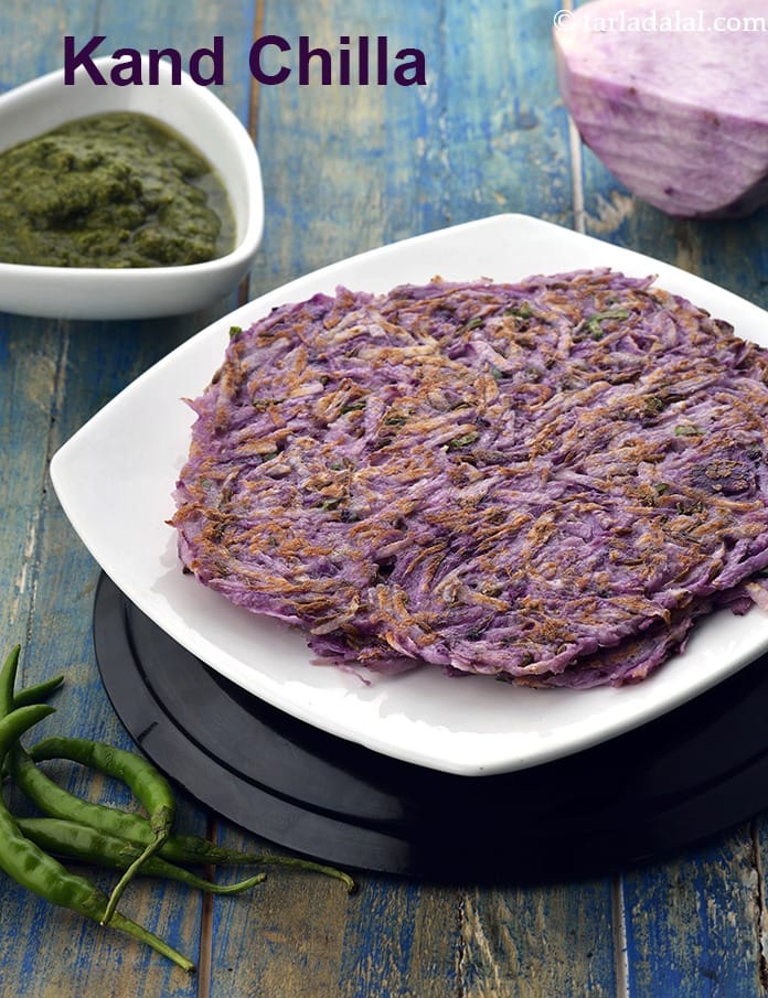 Kand chilla recipe | purple yam chilla | Indian style kand pancake | breakfast recipe | fasting, upvas, vrat recipe |  | Tarla Dalal