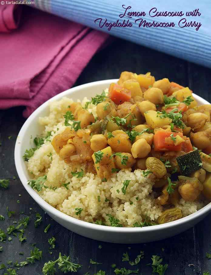 Lemon Couscous with Vegetable Moroccan Curry | Tarla Dalal