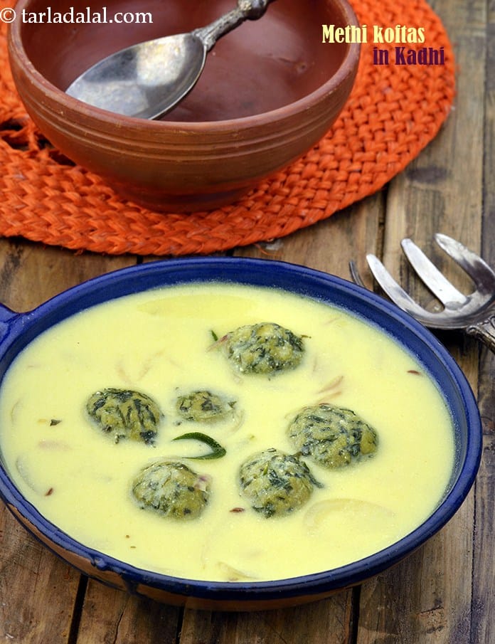 Methi koftas in kadhi recipe | veg methi kofta curry | Indian style kofta kadhi | healthy kofta curry | | Tarla Dalal