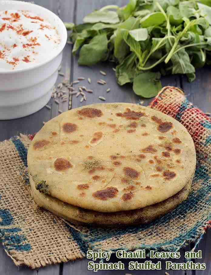 Spicy Chawli Leaves and Spinach Stuffed Parathas | Tarla Dalal