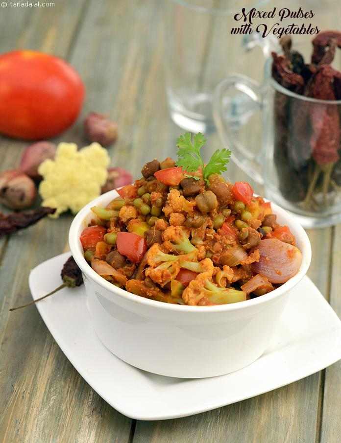 Mixed pulses with vegetables recipe | masala mixed vegetable with pulses |  | Tarla Dalal