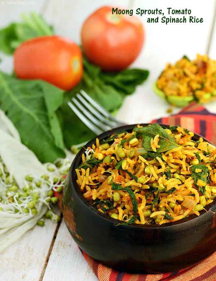 Moong Sprouts, Tomato and Spinach Rice | Tarla Dalal