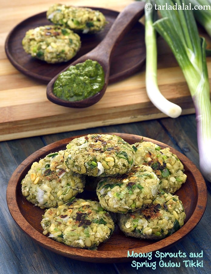 Moong sprouts and spring onion tikki recipe | diabetic friendly moong sprouts cutlet | healthy moong tikki | moong sprout cutlet Indian snack | | Tarla Dalal