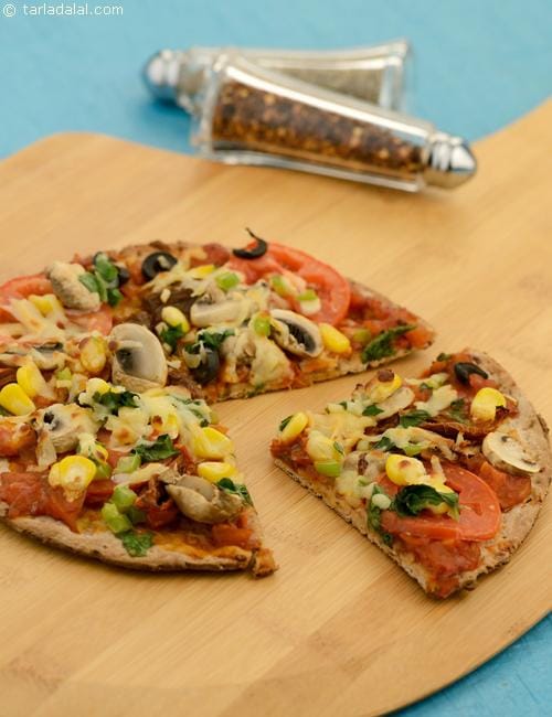 Mushroom, Sweet Corn and Spinach Pizza | Tarla Dalal