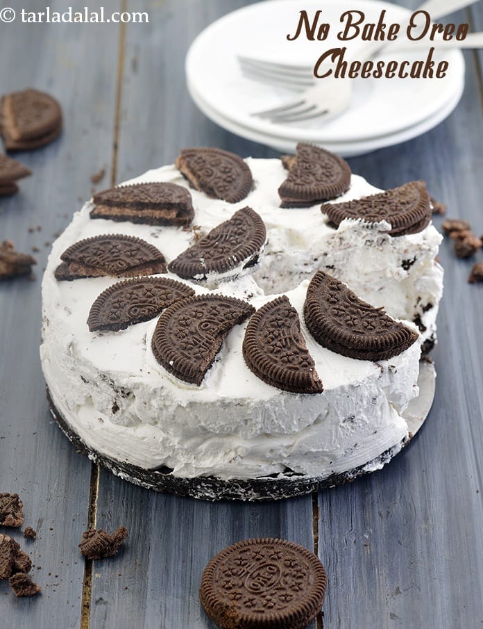 No bake oreo cheesecake recipe | easy Indian no bake oreo cheesecake | vanilla oreo cheesecake | simple no bake oreo cheesecake with whipped cream | | Tarla Dalal