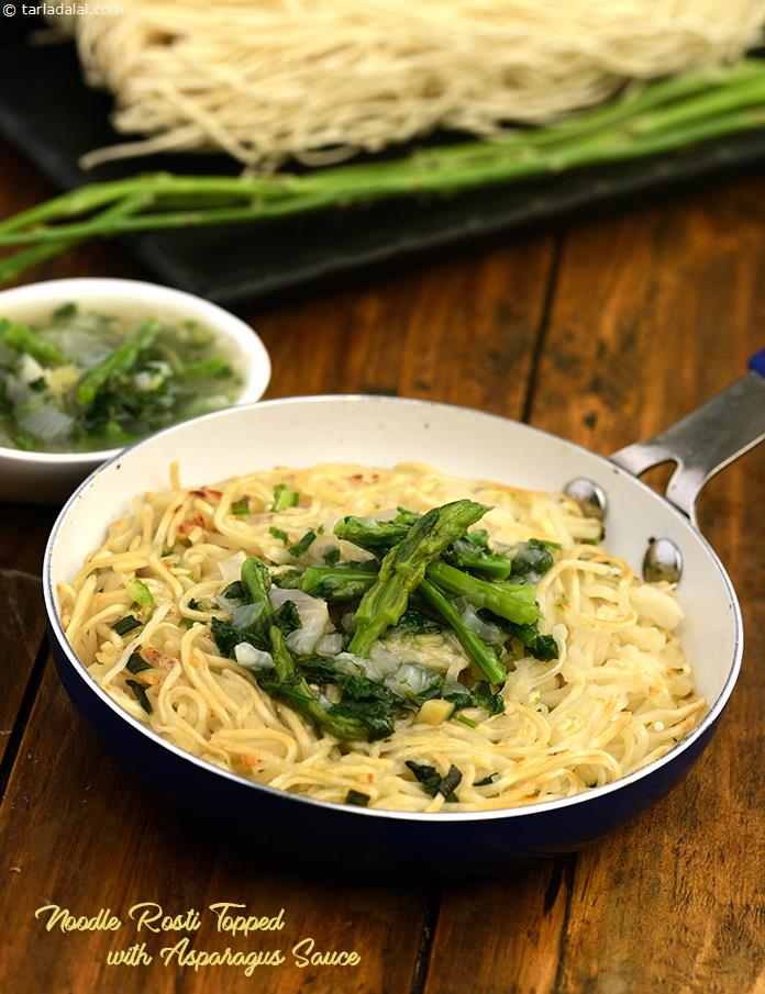 Noodle Rosti Topped with Asparagus Sauce | Tarla Dalal