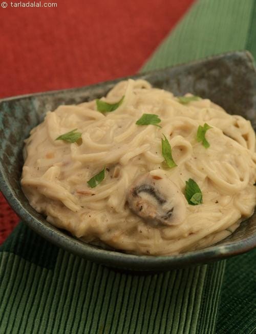 Noodles with Creamy Mushrooms ( Microwave Recipes) | Tarla Dalal
