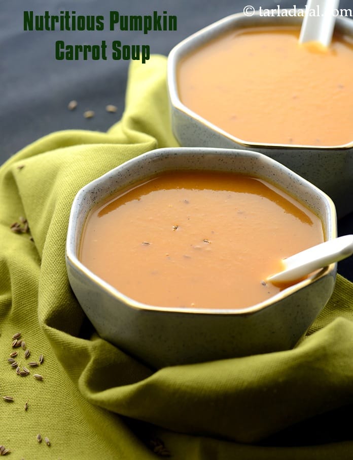 Pumpkin carrot soup | Indian style pumpkin carrot soup | healthy kaddu gajar soup | | Tarla Dalal