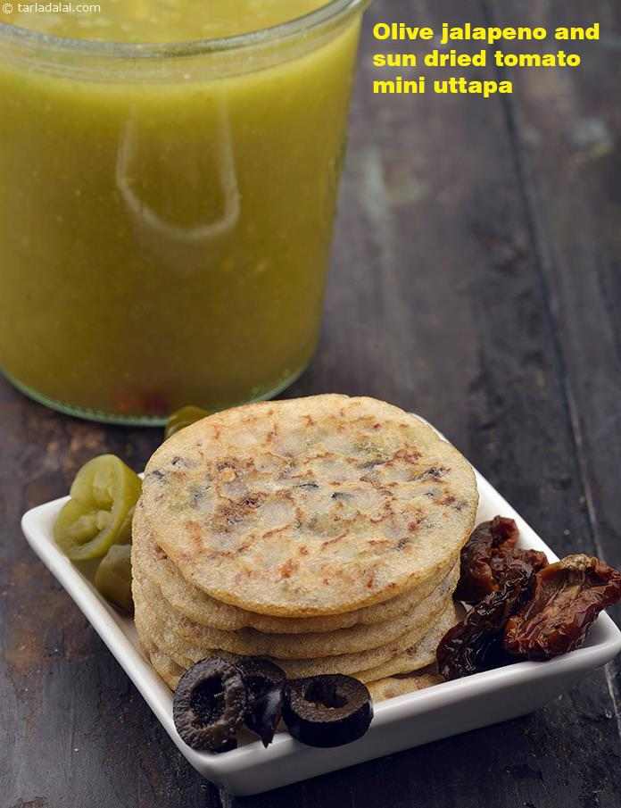 Olive Jalapeno and Sun Dried Tomato Mini Uttapa | Tarla Dalal