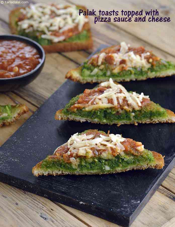 Palak Toast Topped with Pizza Sauce and Cheese | Tarla Dalal