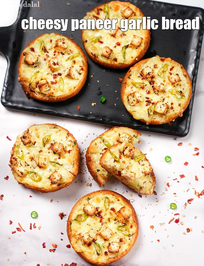 Cheesy paneer garlic bread recipe | open paneer garlic bread | paneer garlic bread | | Tarla Dalal