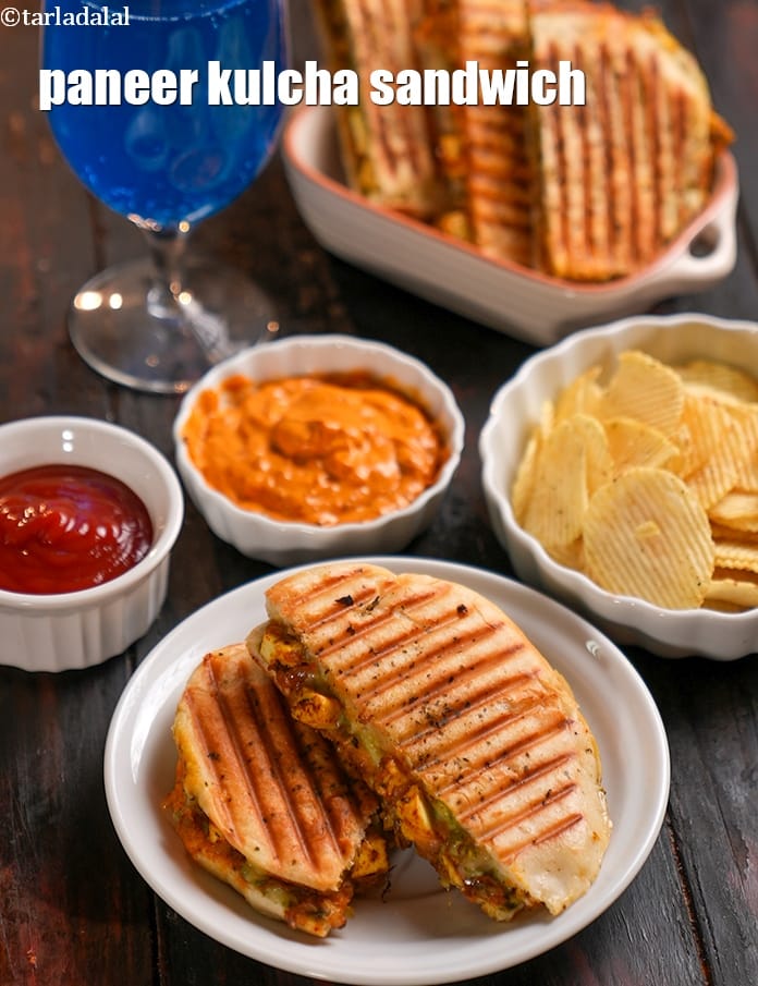 Paneer kulcha sandwich recipe | grilled paneer kulcha sandwich | paneer stuffed kulcha sandwich | | Tarla Dalal