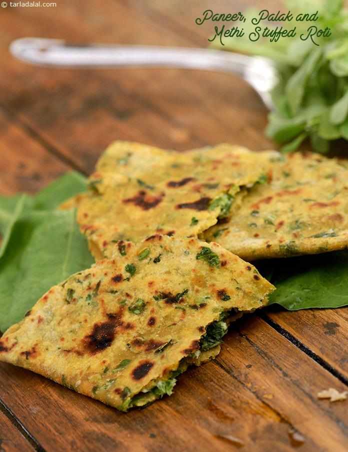Paneer, Palak and Methi Stuffed Roti | Tarla Dalal