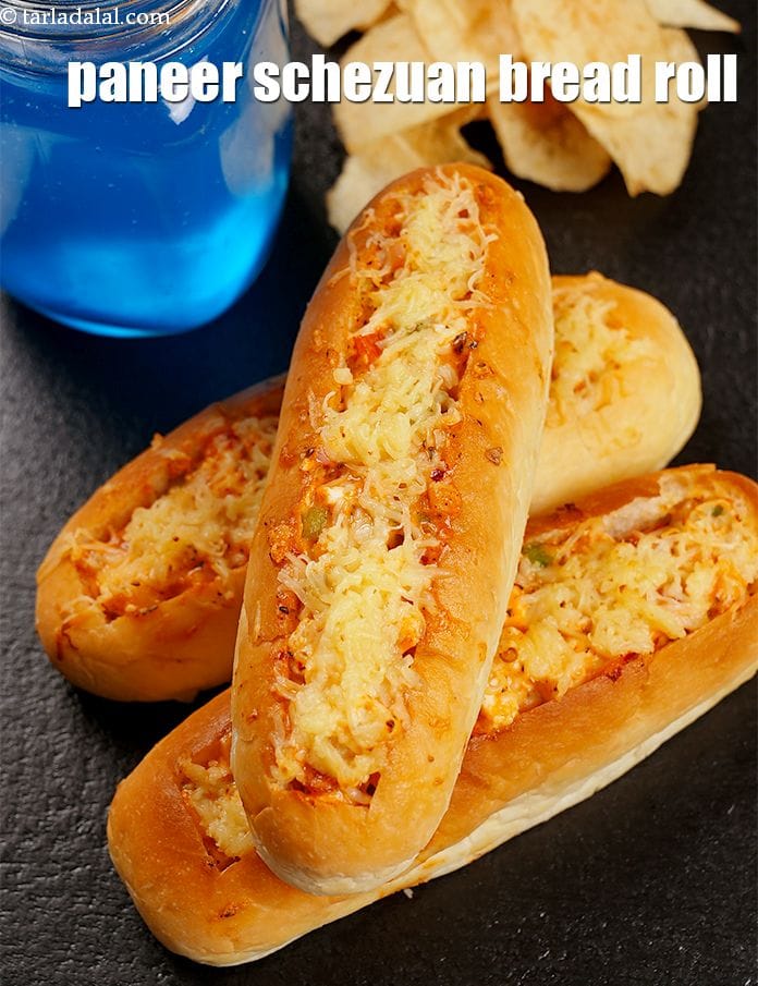 Paneer schezuan bread roll recipe | stuffed schezuan paneer roll | cheesy bread roll | | Tarla Dalal