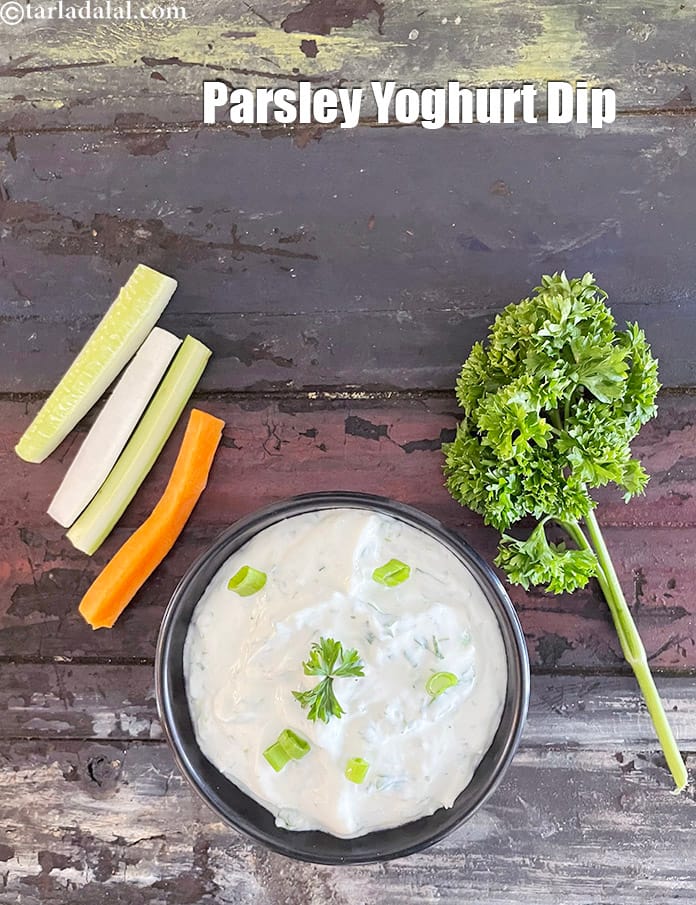 Parsley yoghurt dip recipe | parsley dip | healthy Indian curd parsley dip | | Tarla Dalal