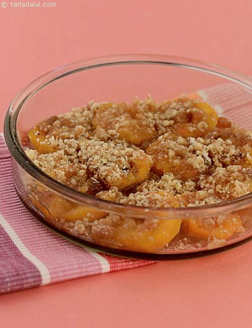 Indian Style Peach Crumble Recipe (Eggless Peach Crumble) | Tarla Dalal