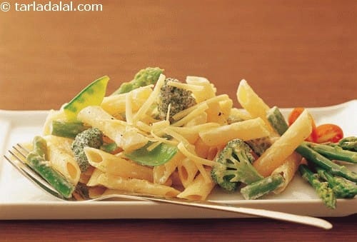 Penne with Creamy Vegetables | Tarla Dalal