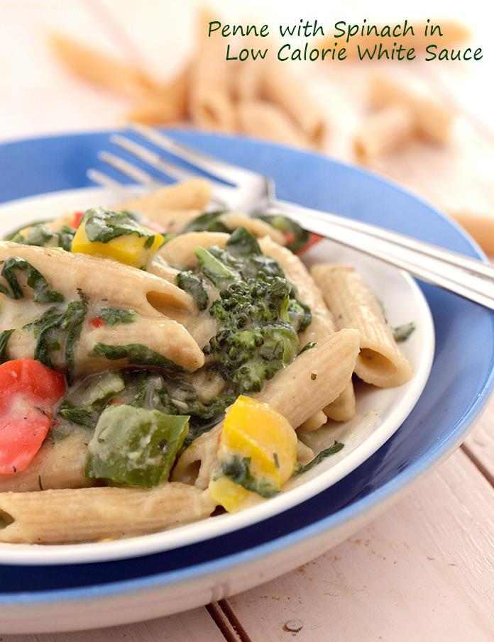 Penne with Spinach in Low Calorie White Sauce | Tarla Dalal
