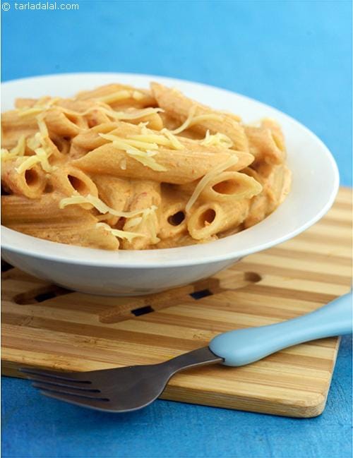 Penne with Sun-dried Tomato Pesto Sauce | Tarla Dalal