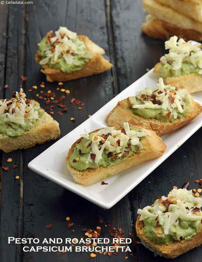 Pesto and Roasted Red Capsicum Bruschetta | Tarla Dalal