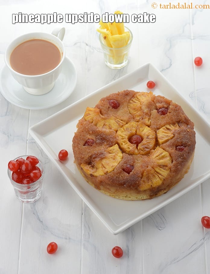 Pineapple upside down cake recipe | eggless tea time pineapple cake | Indian style fresh pineapple upside down cake | | Tarla Dalal