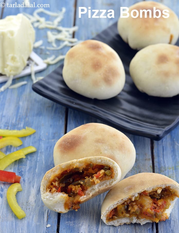 Pizza bombs recipe | Indian veg pizza bombs | homemade pizza pav | cheesy pizza bombs | | Tarla Dalal