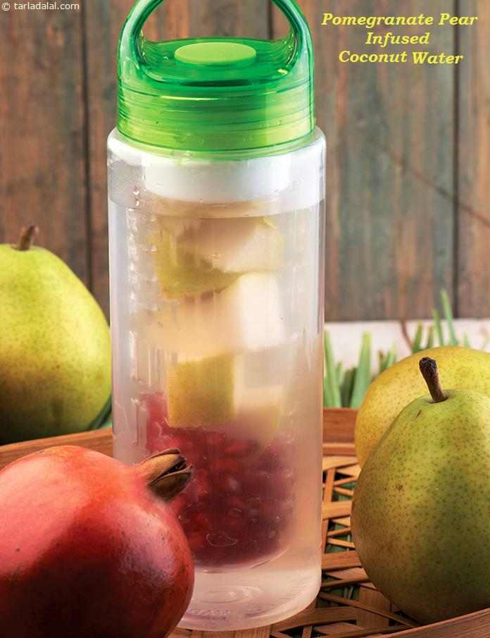 Pomegranate Pear Infused Coconut Water Recipe | Tarla Dalal