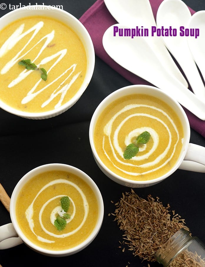 Pumpkin potato soup recipe | potato pumpkin soup | creamy pumpkin potato soup | | Tarla Dalal